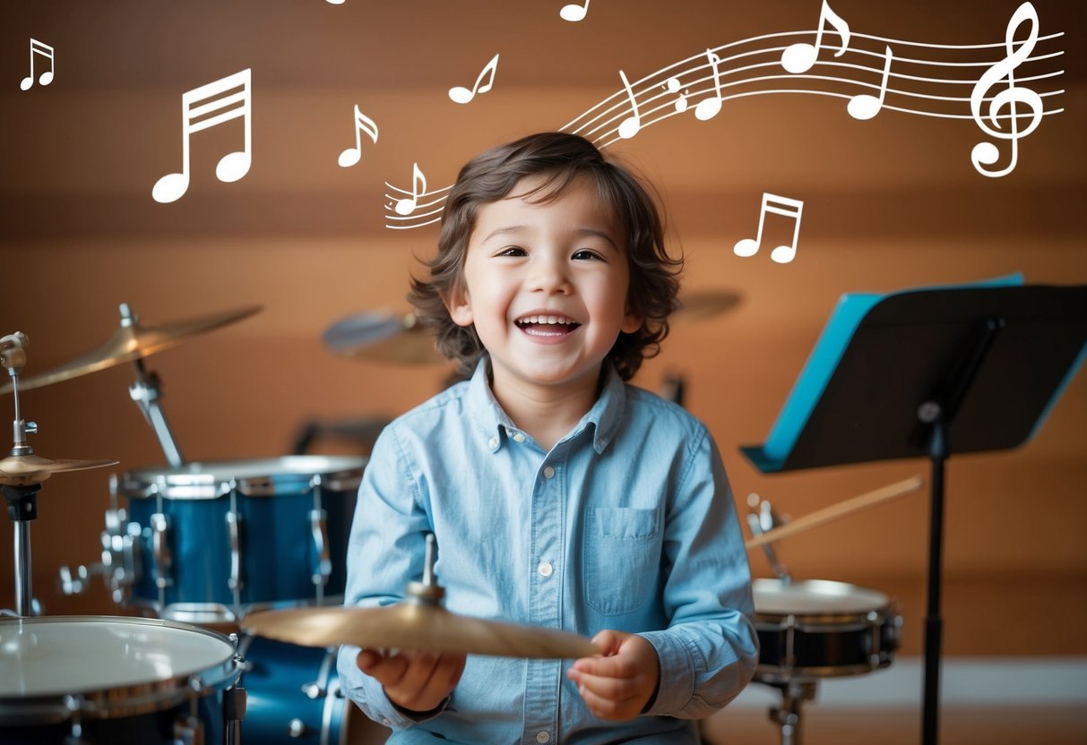 A child surrounded by musical instruments, humming happily before speaking, with a musical staff and notes floating around them