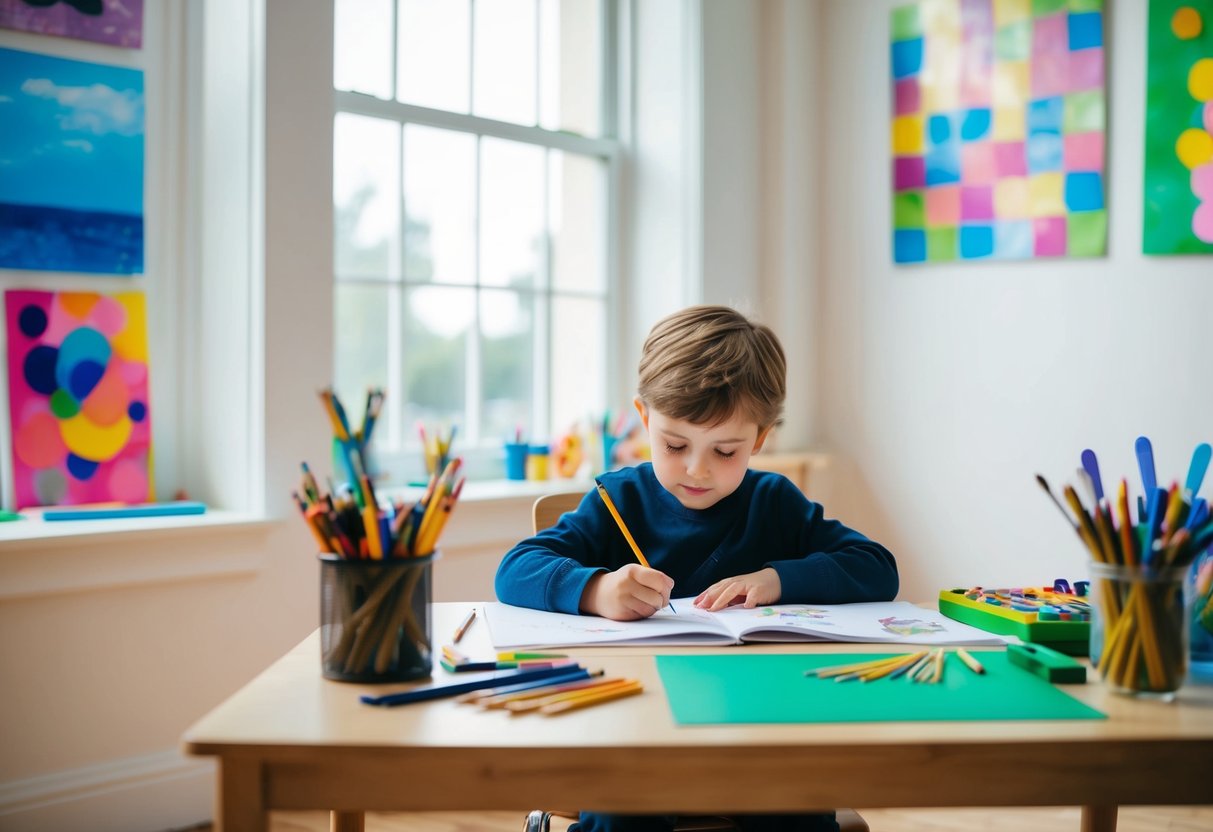 A child sitting at a desk surrounded by art supplies, sketching in a well-lit room with a large window and colorful artwork on the walls