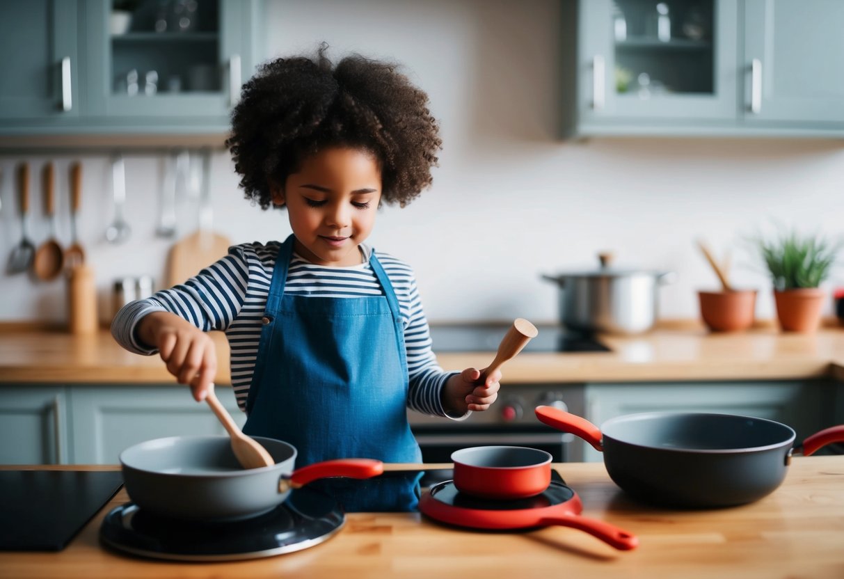 A child uses pots, pans, and utensils to create rhythmic music in the kitchen