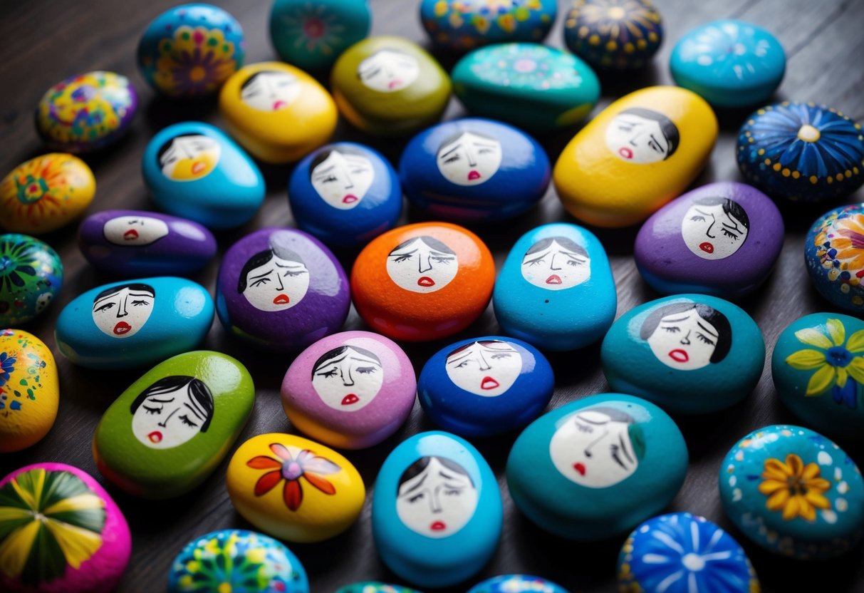 Vibrant colors swirl around a collection of smooth, painted stones arranged in a circle. Each stone depicts a different emotion through various art techniques