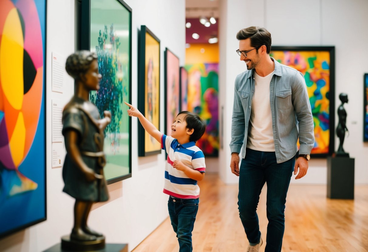 A child and adult explore a colorful art museum, surrounded by vibrant paintings and sculptures. The child points excitedly at a piece, while the adult looks on with a smile