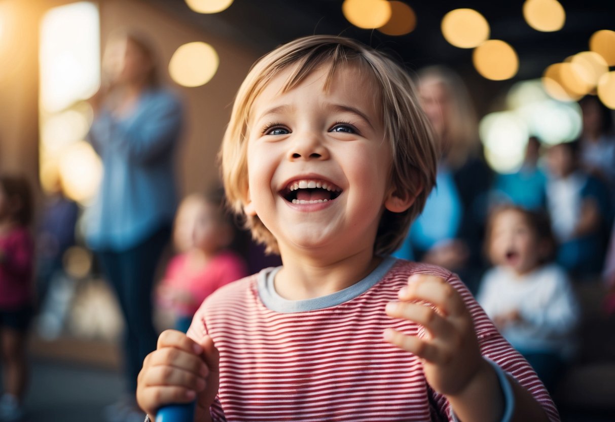 A child happily sings along to their favorite songs, with a big smile on their face and a sense of rhythm in their movements