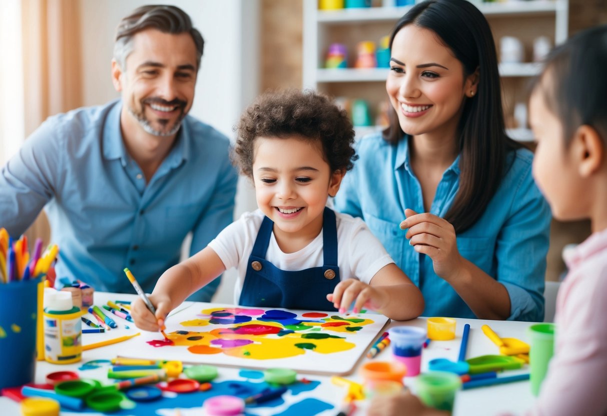 A child sitting at a table covered in art supplies, happily creating a colorful masterpiece with paint, markers, and crayons. Nearby, a parent watches with pride and encouragement