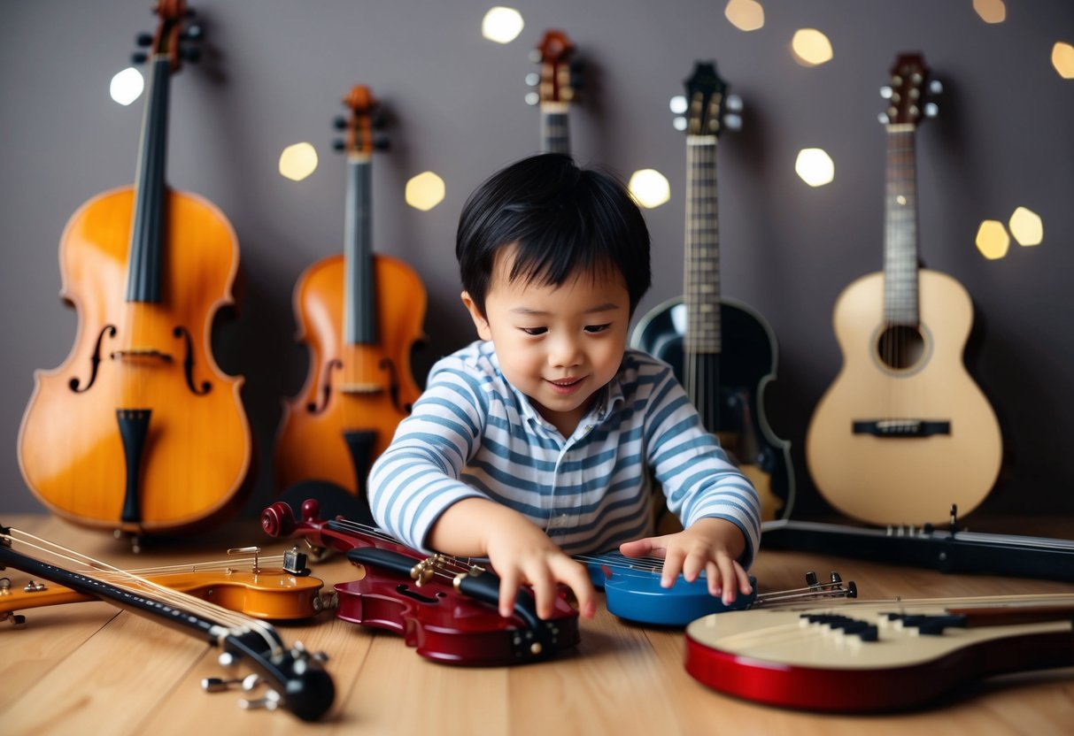 A child surrounded by a variety of musical instruments, eagerly exploring each one with curiosity and focus