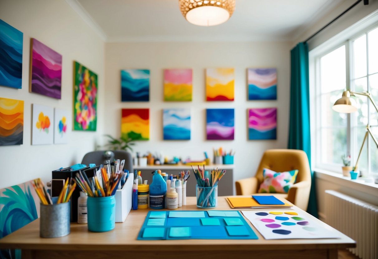 A cozy, well-lit room with art supplies neatly organized on a desk. Colorful paintings and drawings adorn the walls, while a comfortable chair invites creativity