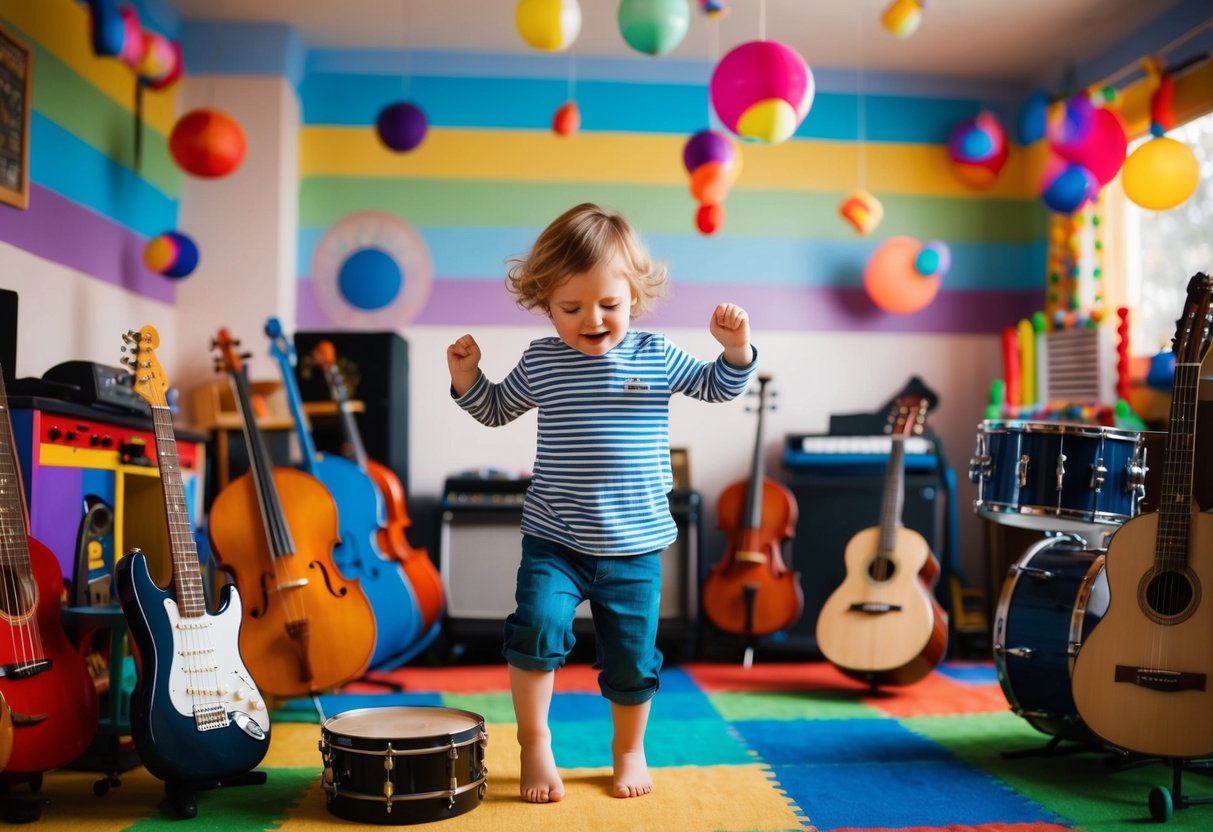 A child surrounded by various musical instruments, dancing and playing in a colorful, music-filled room