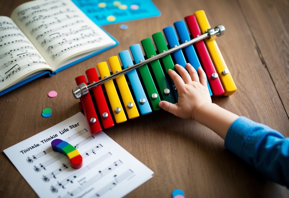 A child's hand reaching for a colorful xylophone, with sheet music scattered around and a music book open to "Twinkle, Twinkle, Little Star."