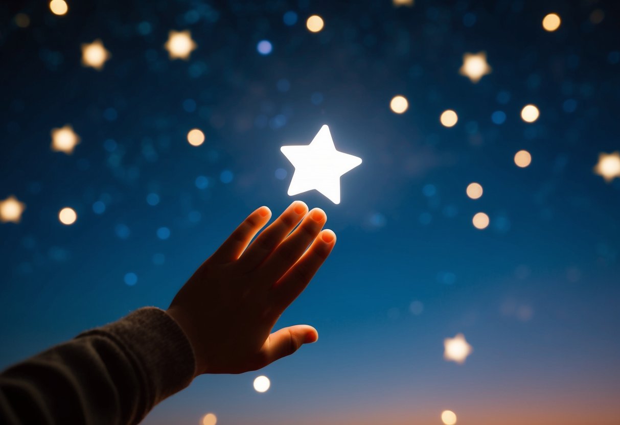 A child's hand reaching for a bright, twinkling star in a night sky filled with other stars
