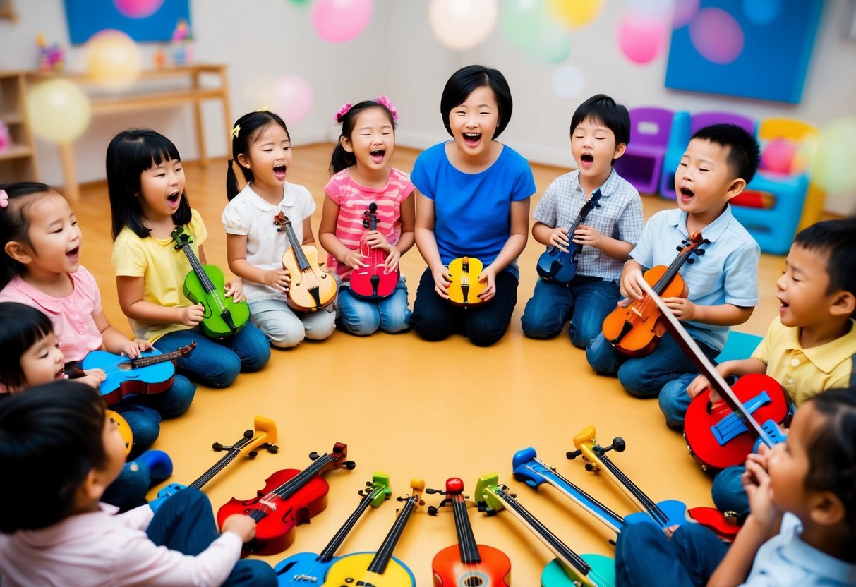 A group of colorful musical instruments arranged in a circle, with children and adults sitting around them, singing nursery rhymes together with joyful expressions on their faces