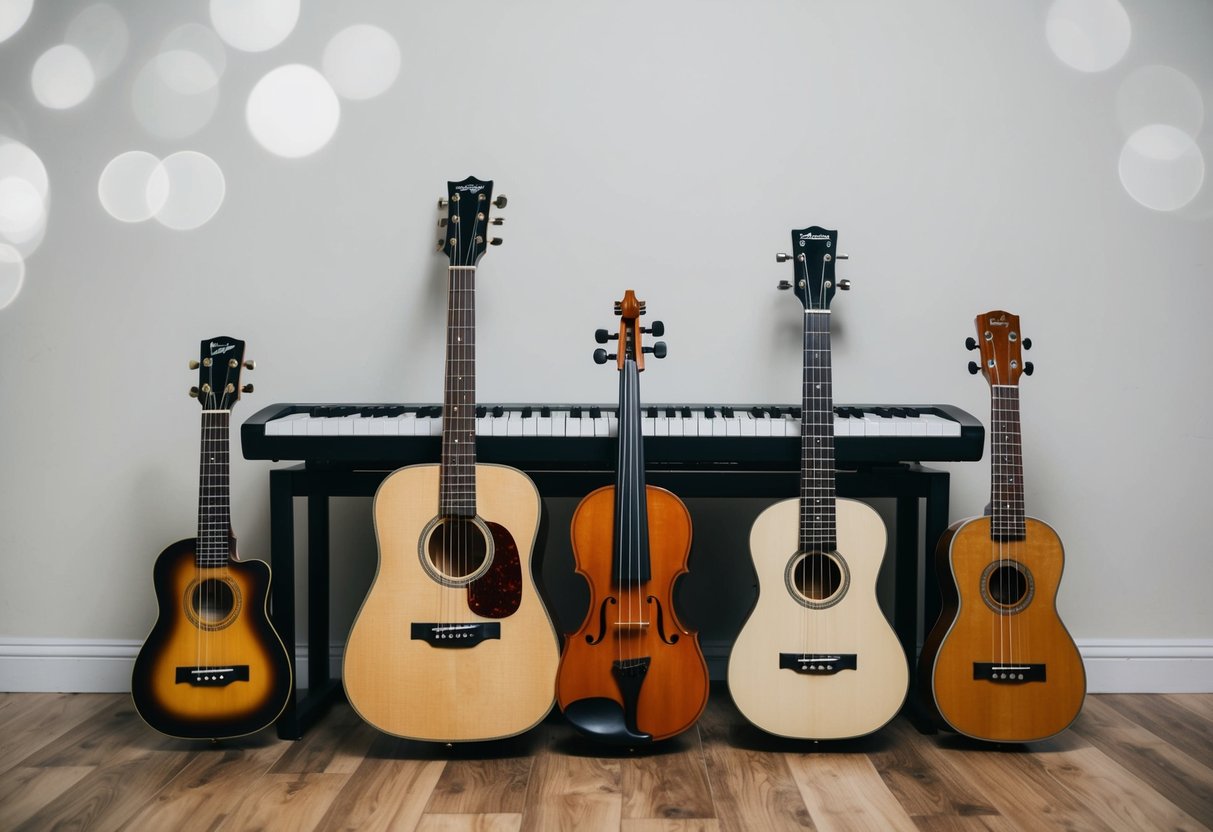 A group of musical instruments - acoustic guitar, keyboard, violin, flute, and ukulele - arranged neatly on a wooden floor against a plain background
