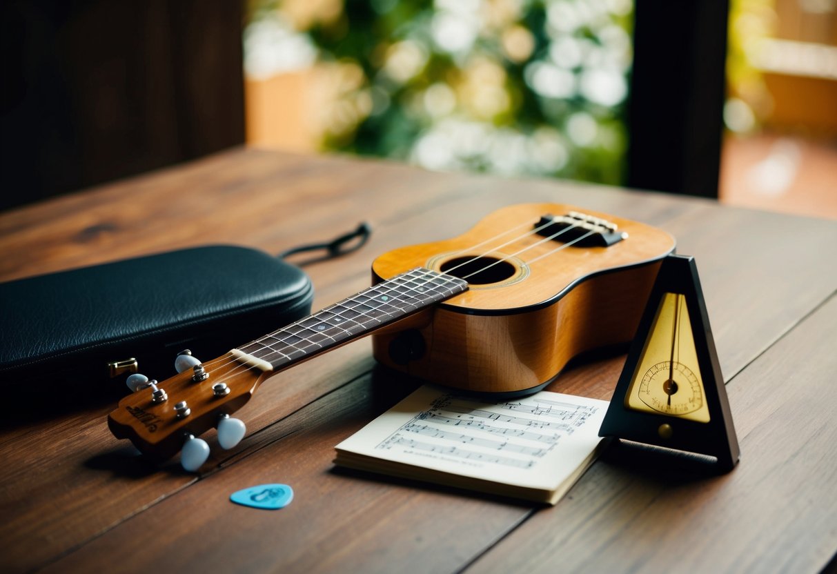 A ukulele resting on a wooden table surrounded by a guitar pick, a music book, and a metronome