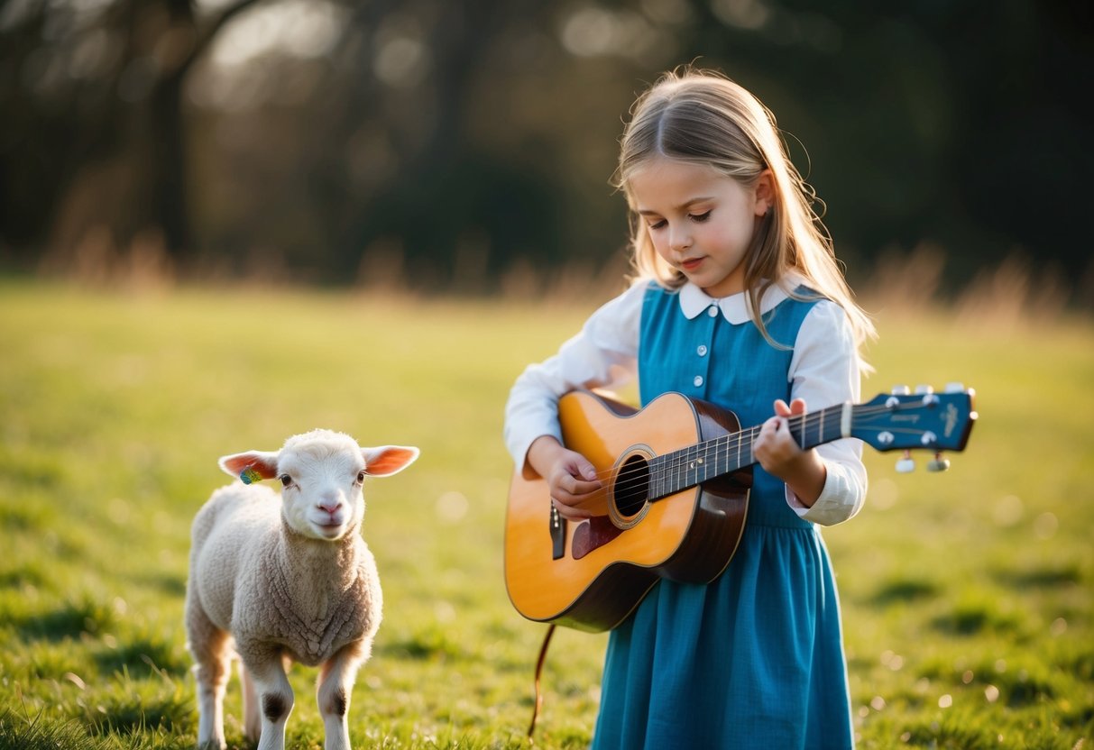 A small lamb standing next to a young girl playing a musical instrument