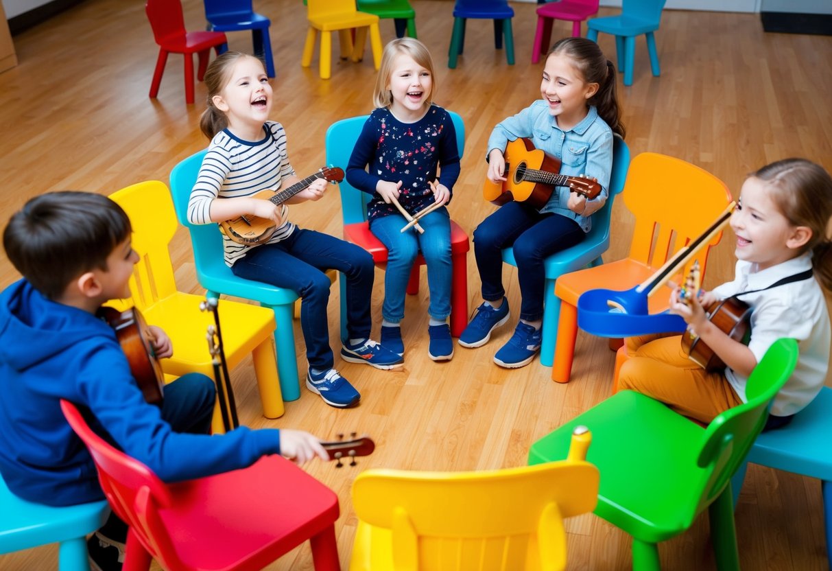 Children circle around a set of colorful chairs, each holding a musical instrument. Laughter fills the air as they play a lively game of musical chairs