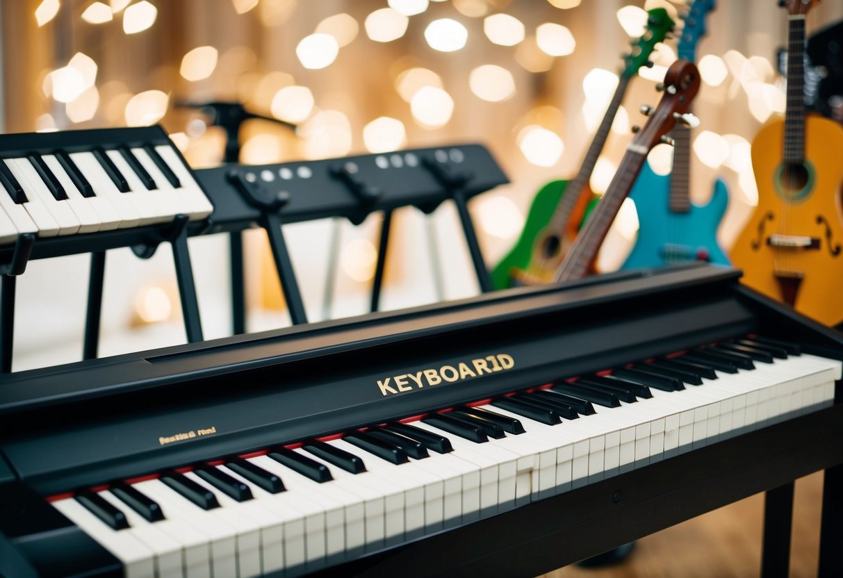 A keyboard piano surrounded by other beginner-friendly musical instruments