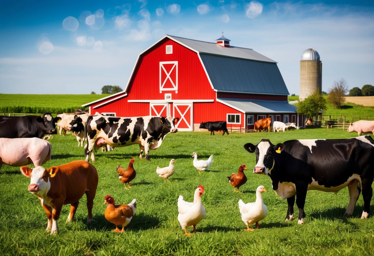 A cheerful farm scene with a red barn, green fields, and various animals such as cows, pigs, chickens, and ducks roaming around