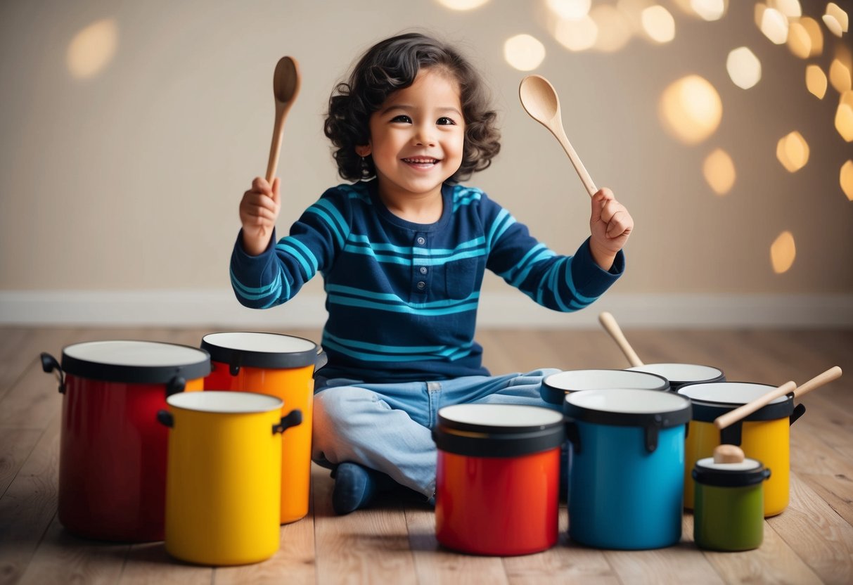 A child sits surrounded by homemade drums made from pots, pans, and containers, tapping away with wooden spoons and a big smile on their face