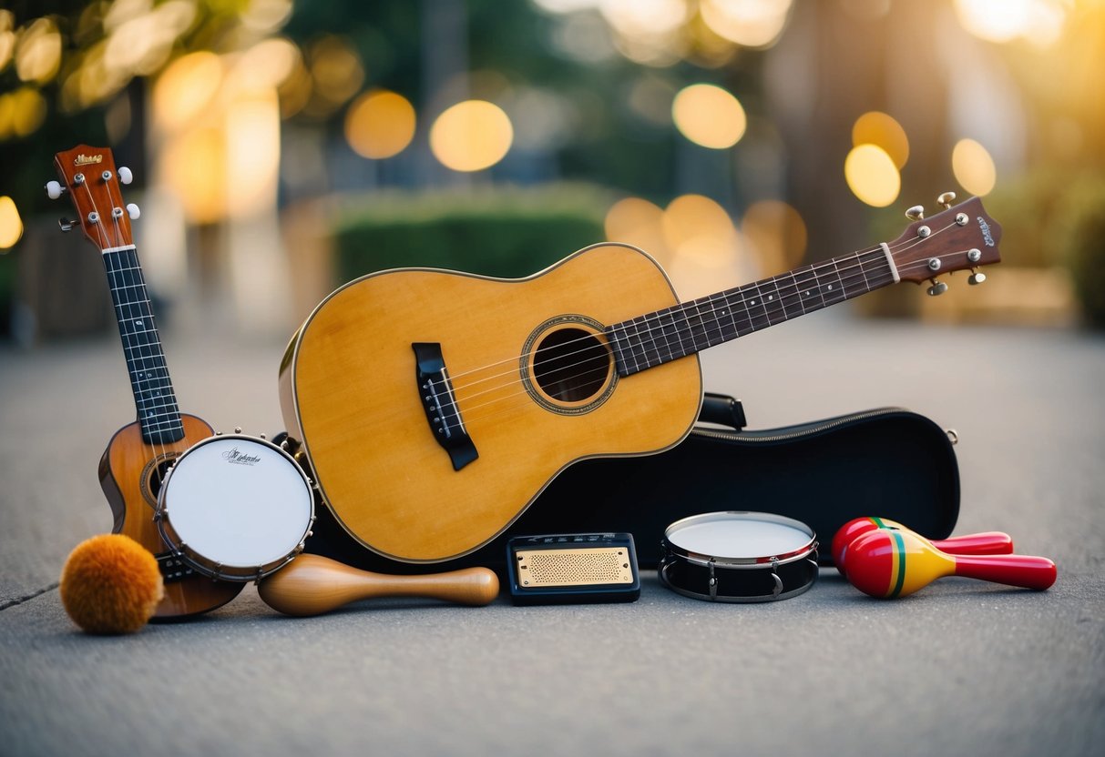 An acoustic guitar resting on a stand surrounded by a ukulele, a tambourine, a harmonica, and a set of maracas