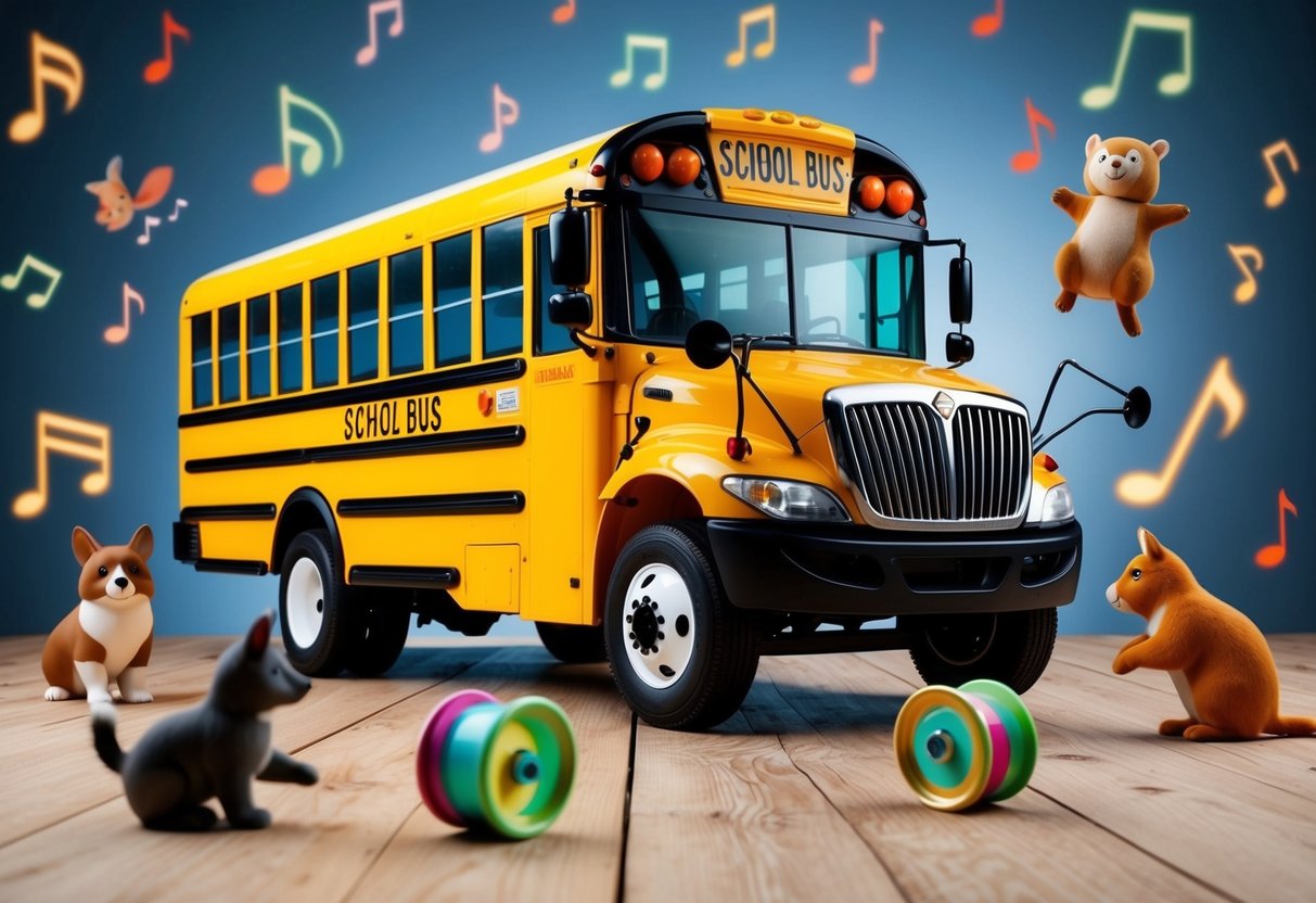 A colorful school bus with spinning wheels surrounded by playful animals and musical notes