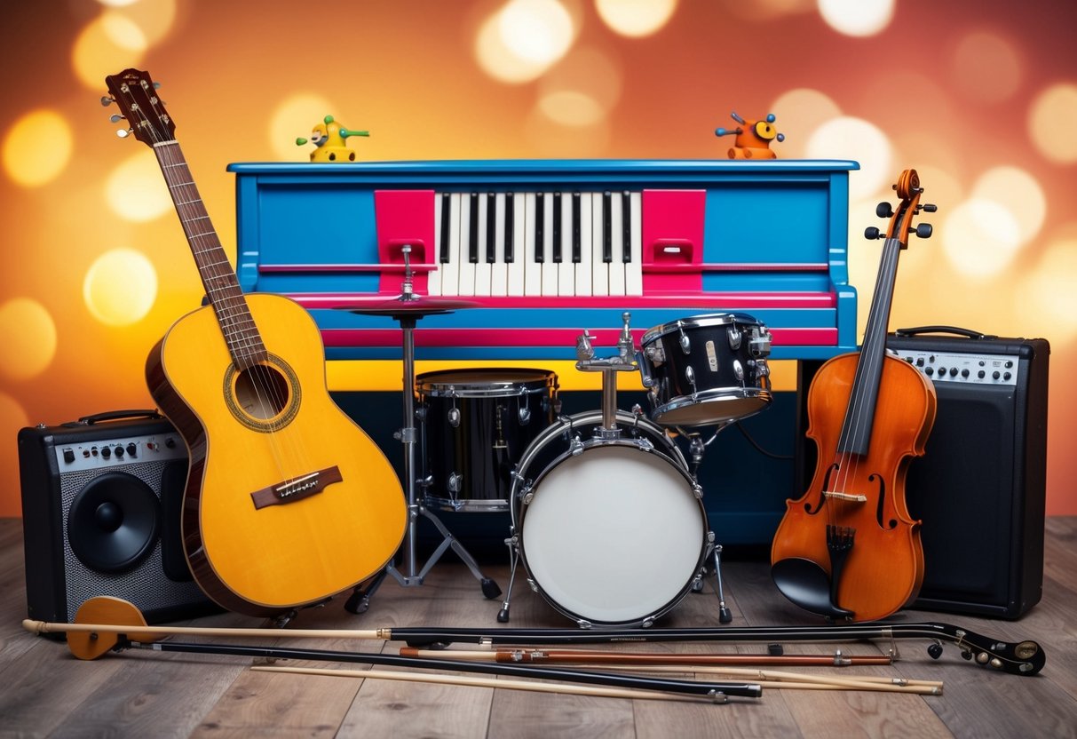 A colorful array of musical instruments, including a guitar, piano, drums, and violin, are arranged in a playful and inviting manner