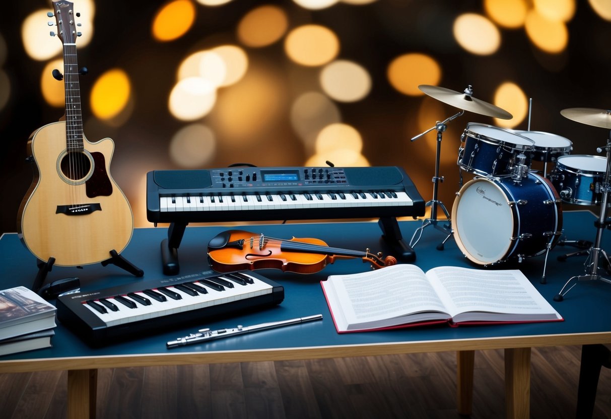 A table displays a guitar, keyboard, violin, flute, and drum set, all positioned neatly with accompanying music books and accessories