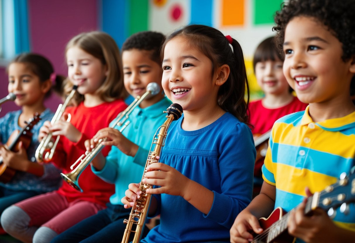 A group of children playing various musical instruments in a colorful and vibrant setting, with their faces showing joy and concentration
