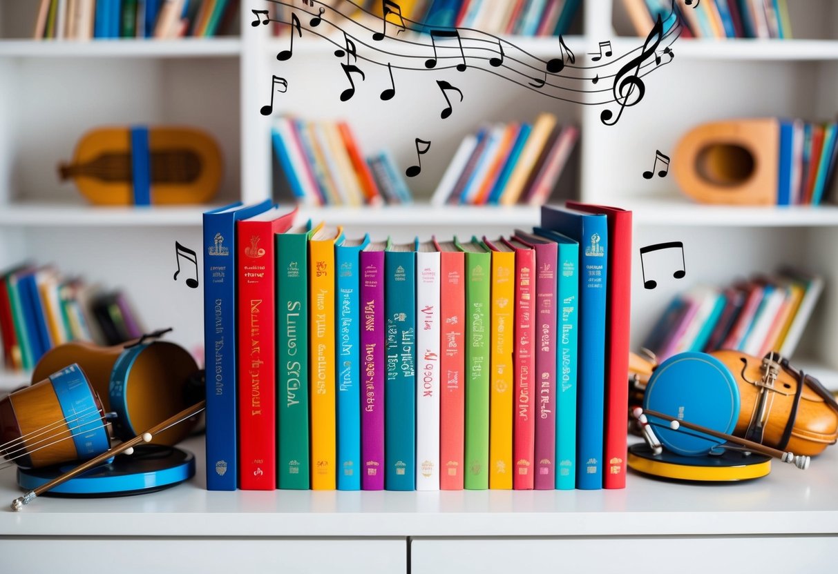 A group of colorful storybooks with musical themes arranged on a shelf, surrounded by musical instruments and notes floating in the air