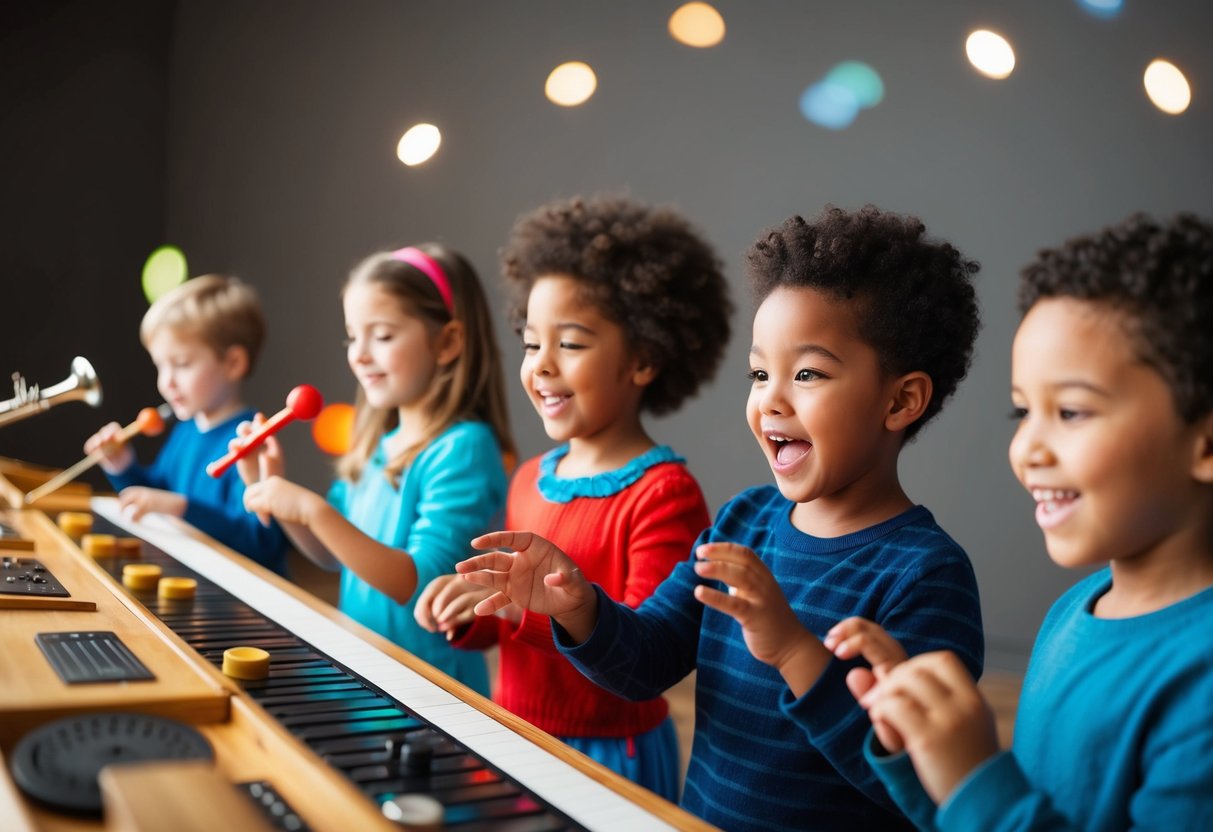 Children using interactive music apps, experimenting with various instruments and sounds. Showing excitement and enthusiasm while exploring musical expression