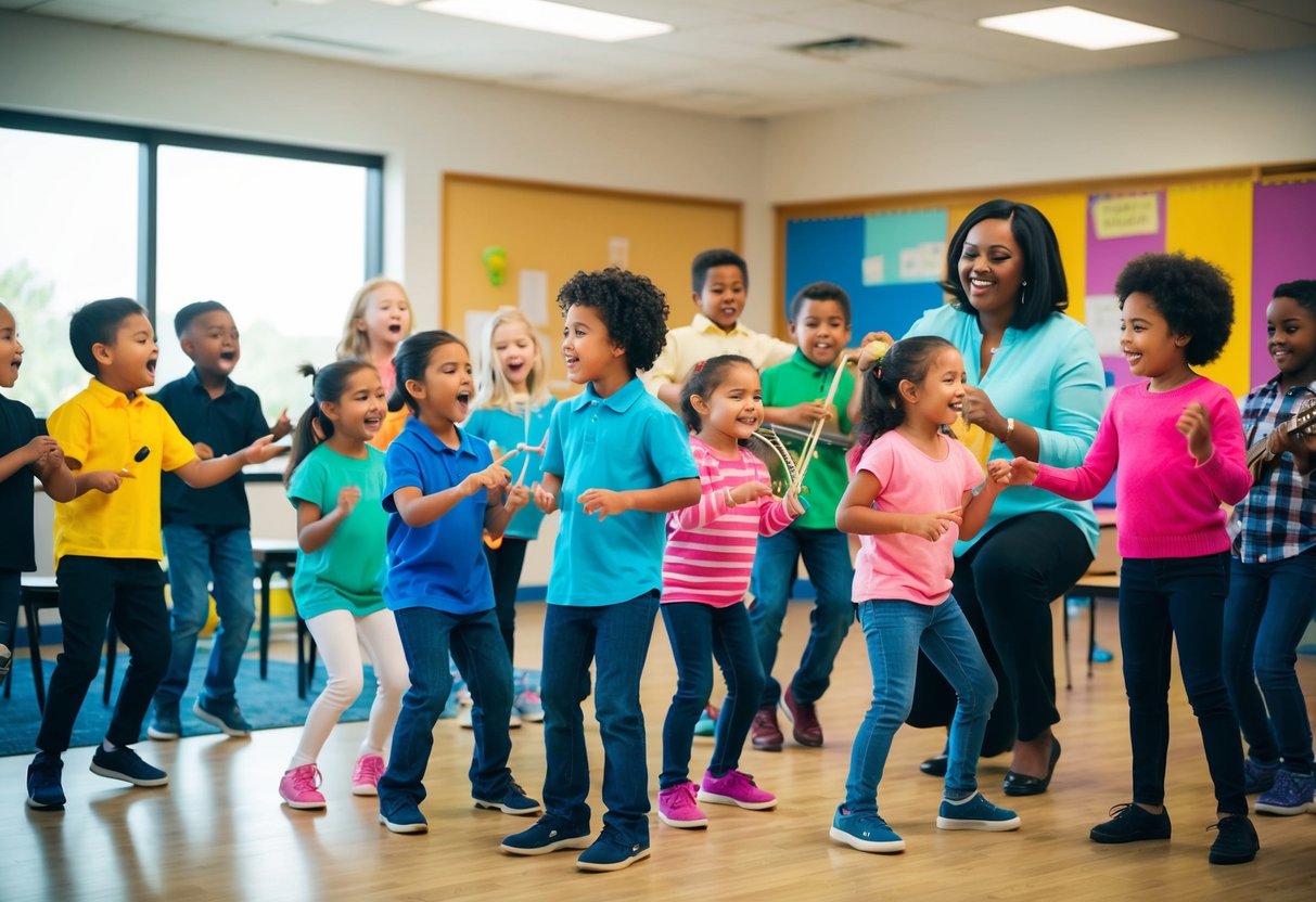A diverse group of children engage in various musical activities, including singing, dancing, and playing instruments, while a teacher guides them through different techniques for expressing themselves through music