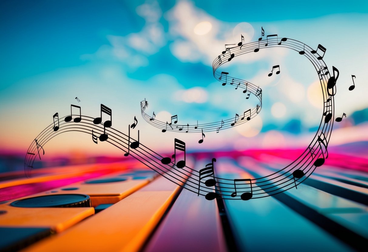 Instruments and musical notes swirling around a vibrant, abstract landscape