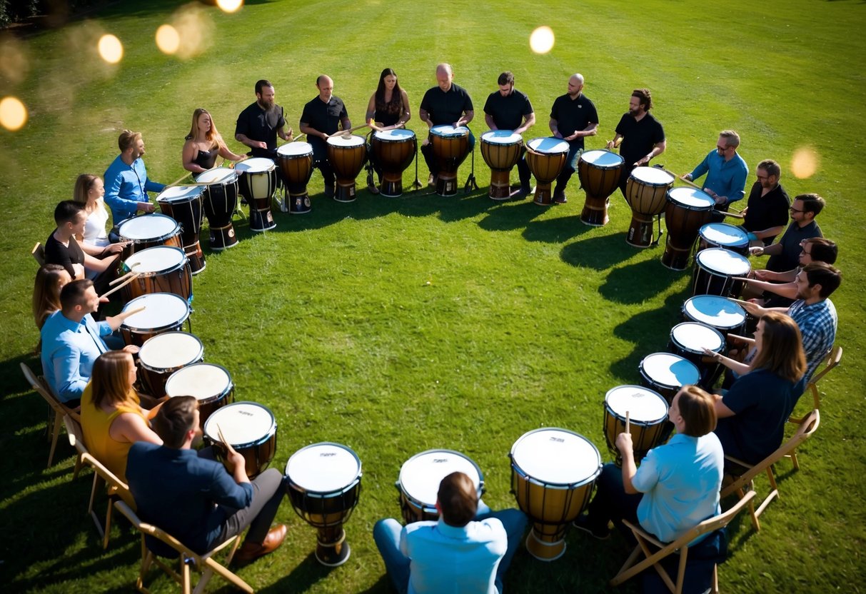 A group of various sized drums and percussion instruments arranged in a circle on a grassy outdoor space, surrounded by people sitting and playing music together