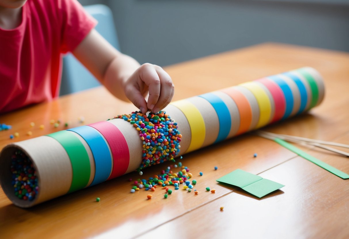 A child decorates a long cardboard tube with colorful materials, filling it with small beads or seeds to create a homemade rainstick
