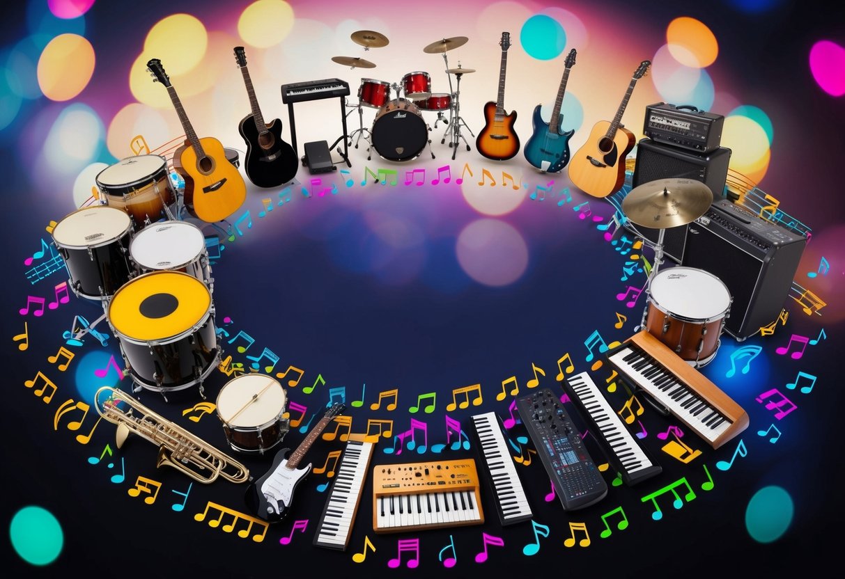 A diverse group of musical instruments arranged in a circle, including drums, guitars, keyboards, and microphones, surrounded by colorful music notes and symbols
