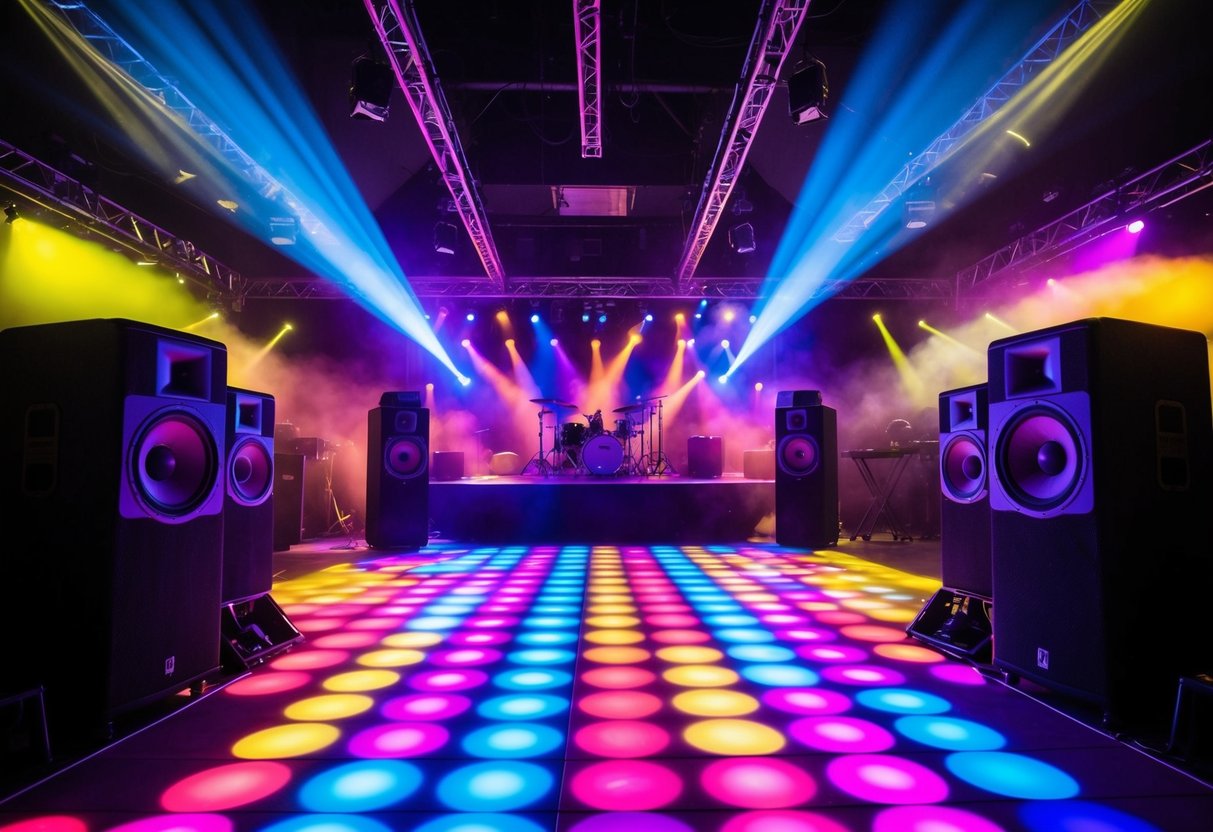 A colorful dance floor pulsing with vibrant lights and lively music, surrounded by speakers and instruments, creating an energetic atmosphere for a dance party