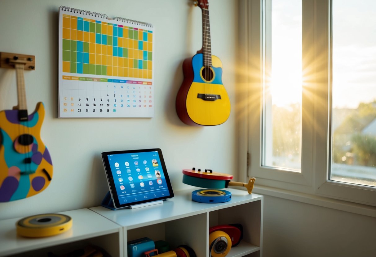 A child's room with a colorful wall calendar, a small shelf of musical instruments, and a tablet playing a morning playlist. Sunlight streams through the window
