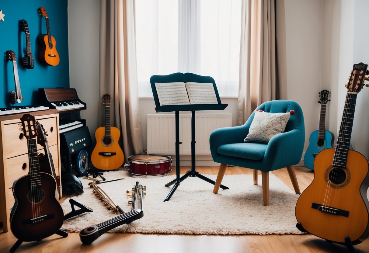A child's room with musical instruments scattered around, a music stand with sheet music, and a cozy chair for playing and listening