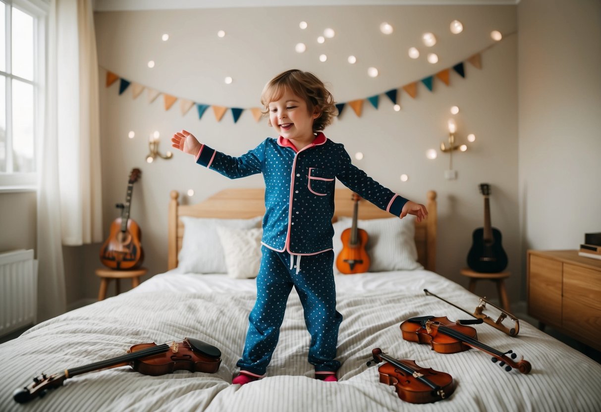 A child dances joyfully to music in their pajamas before bed, surrounded by musical instruments and a cozy bedroom setting
