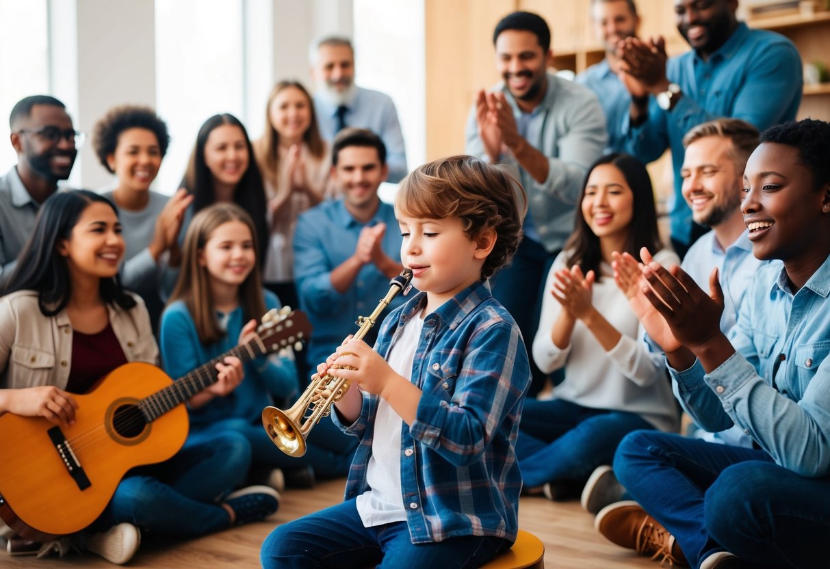 A child playing various musical instruments surrounded by supportive adults and a diverse group of friends cheering and clapping