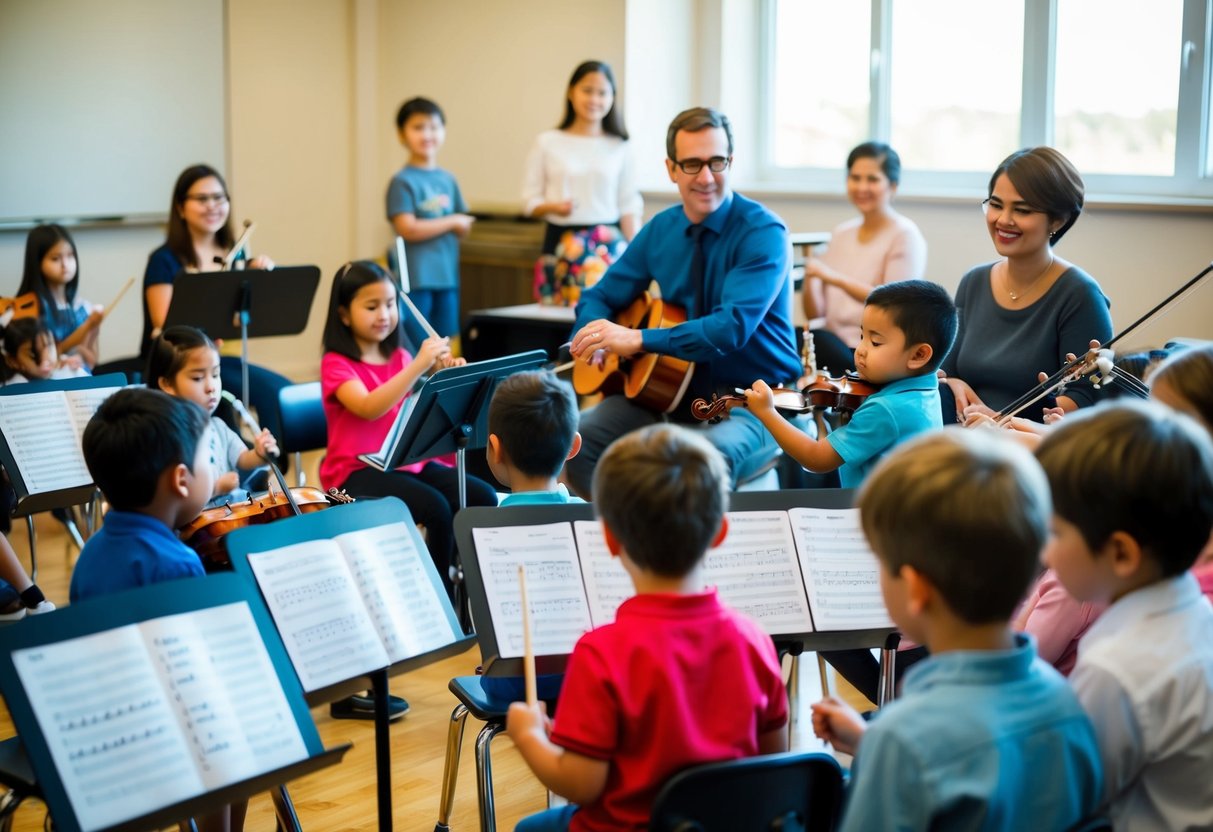 A group of children sitting in a music classroom, surrounded by instruments and music sheets. A teacher is leading the class, while parents watch from the sidelines, offering encouragement