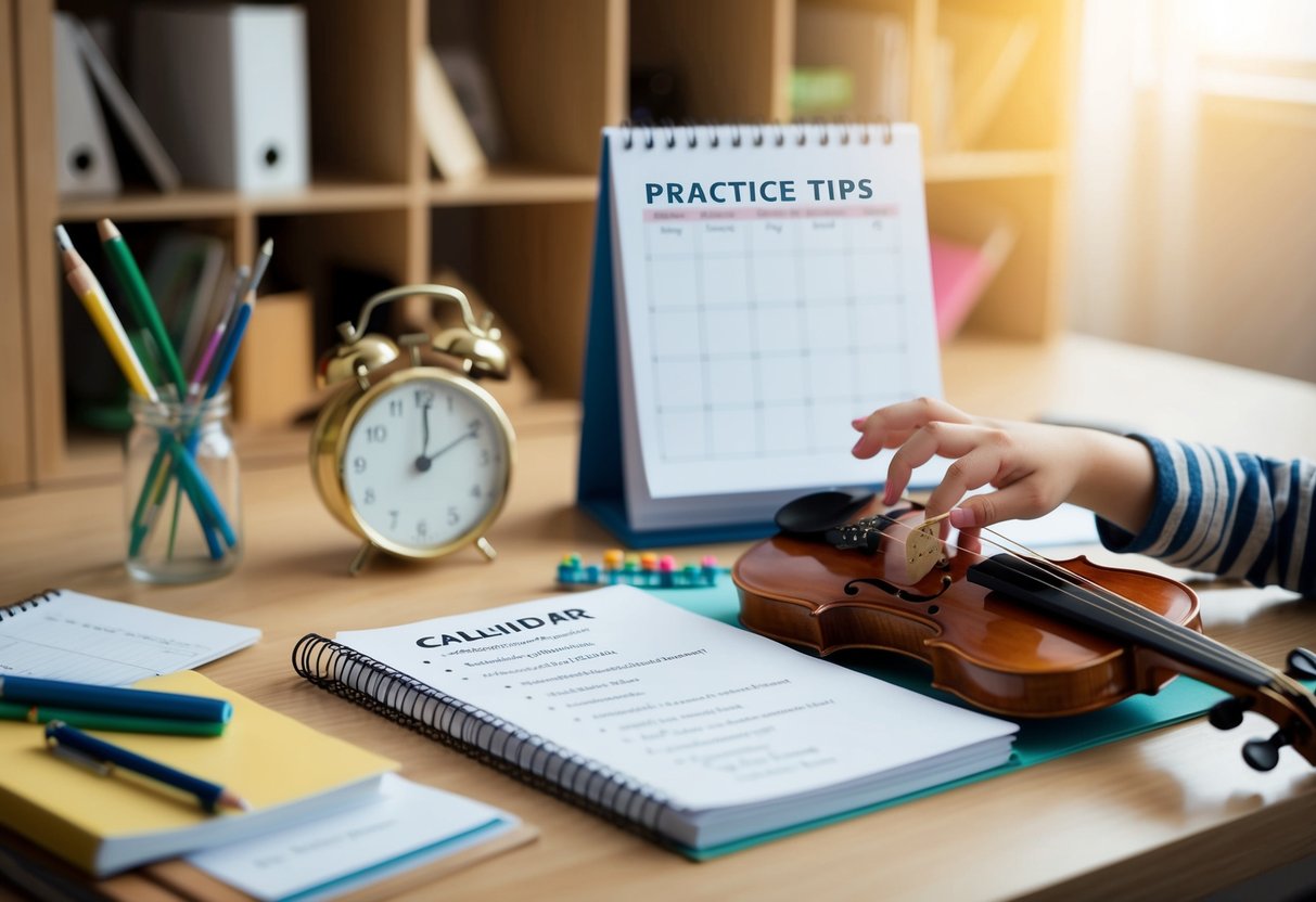 A cluttered desk with a calendar, musical instruments, and a notebook with a list of practice tips. A child's hand reaching for a violin in the background