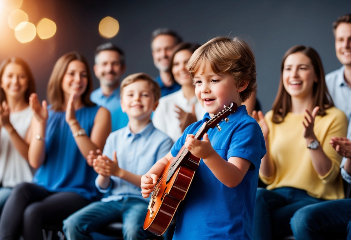 A child playing a musical instrument on stage while parents cheer and clap in the audience