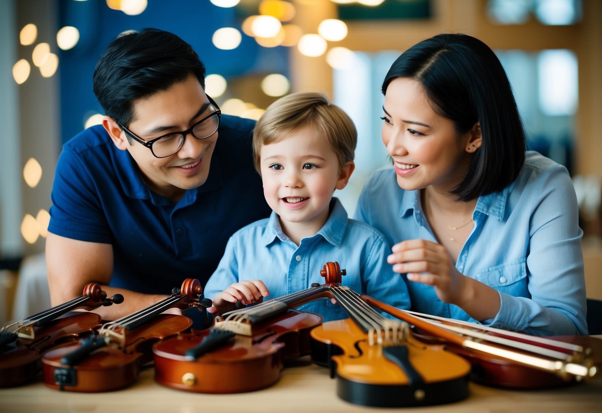 A child surrounded by musical instruments, with a supportive adult offering guidance and encouragement. Quality instruments are displayed prominently