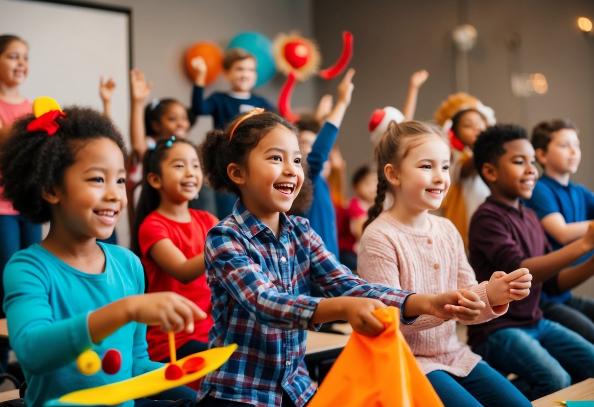 A group of children enthusiastically participating in a drama class, using props and costumes to act out scenes and express themselves creatively