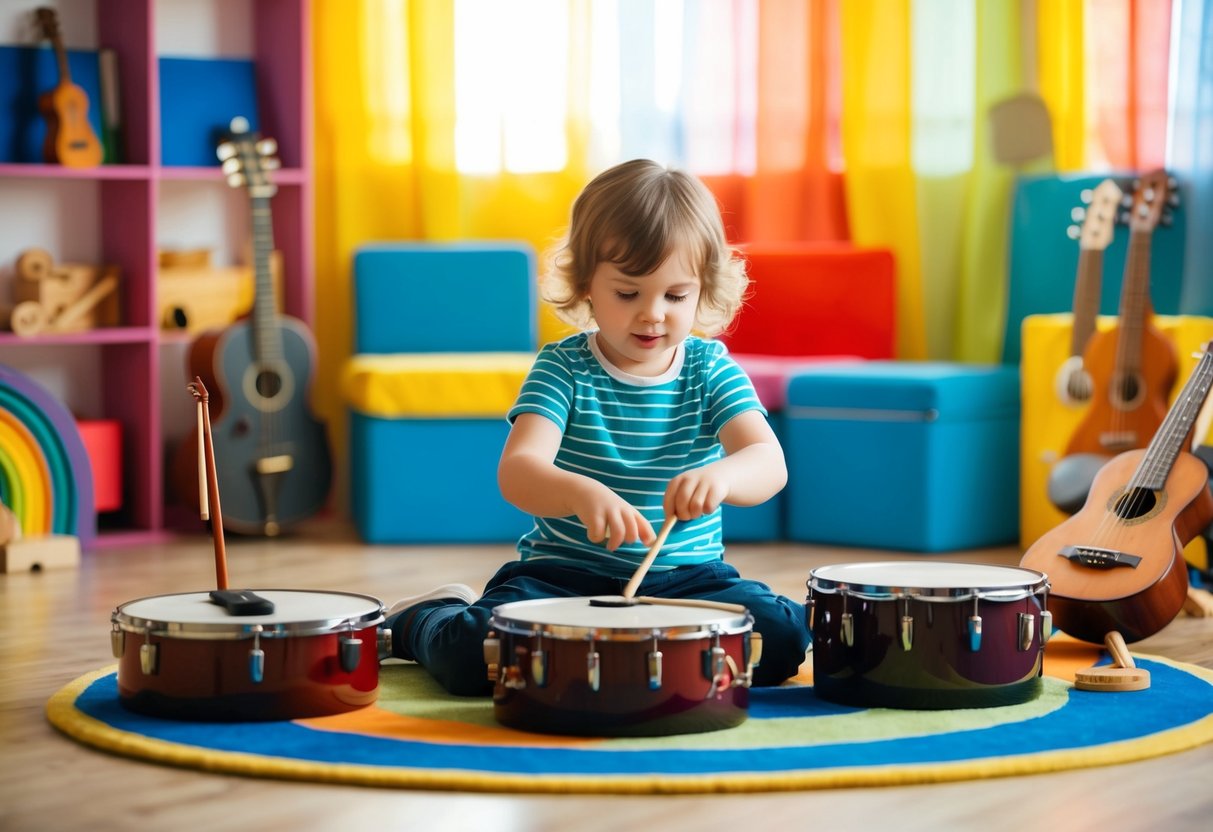 A child surrounded by musical instruments, playing and exploring their sounds in a colorful and inviting space