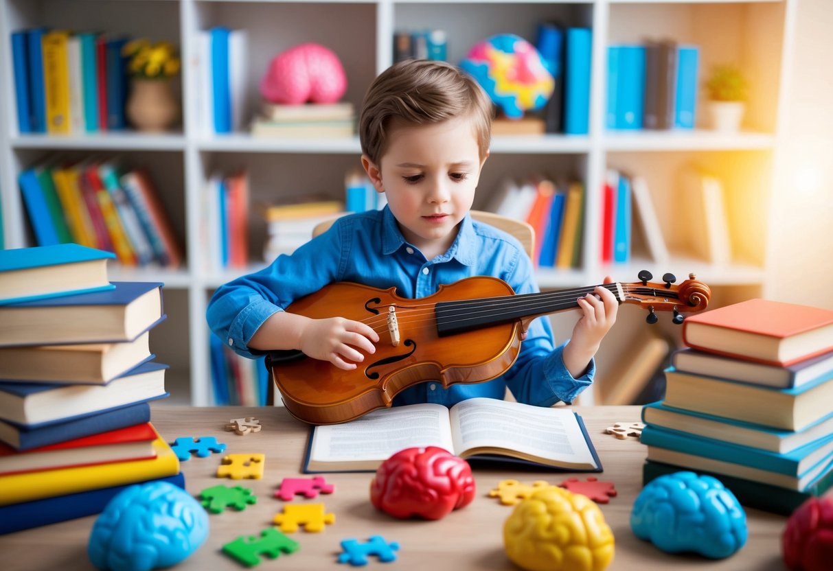 A child playing a musical instrument surrounded by books, puzzles, and brain-shaped objects, with a focused and determined expression