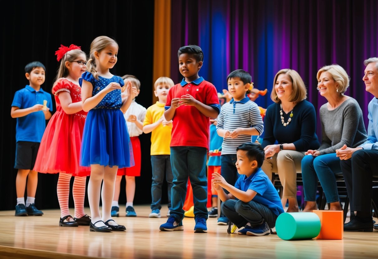 Children rehearsing lines on a stage, surrounded by colorful costumes and props, while a group of adults watches and encourages them