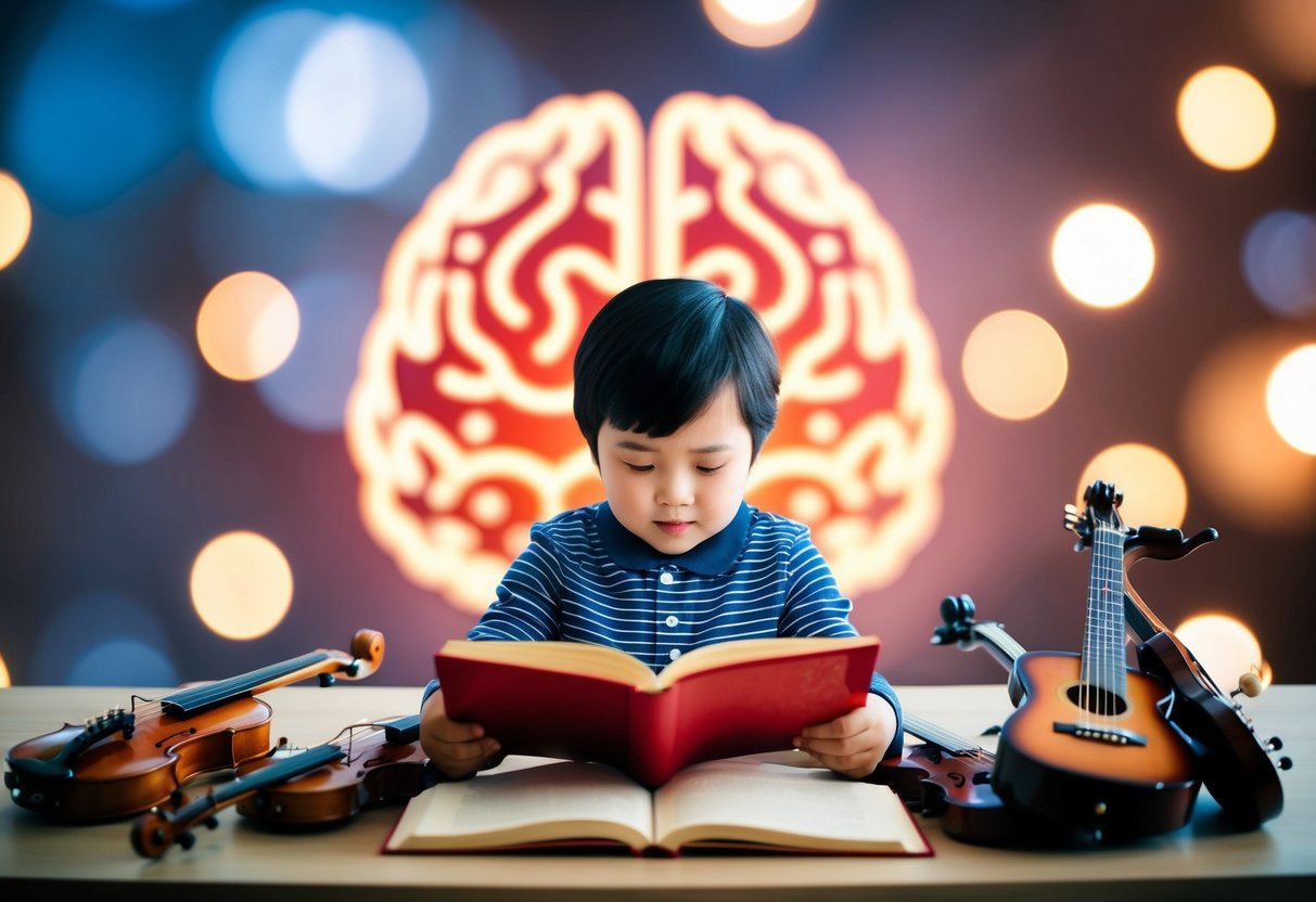 A child surrounded by musical instruments, reading a book on memory, with a glowing brain in the background