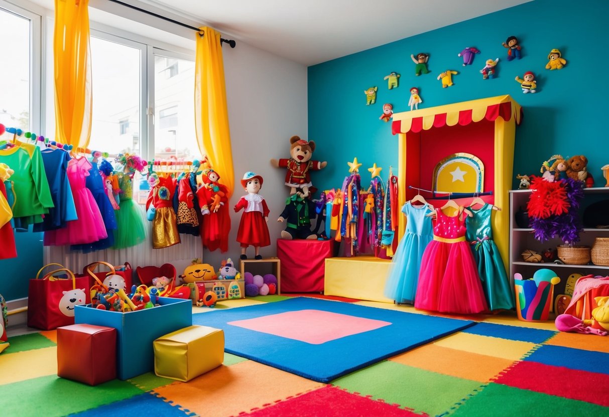 A colorful playroom filled with dress-up costumes, puppets, a small stage, and a box of props for children to use in imaginative play