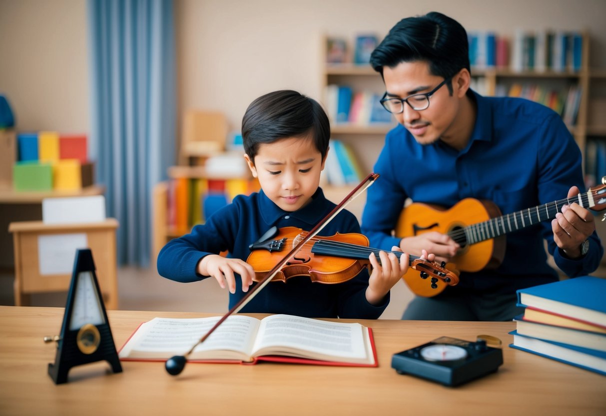 A child plays a musical instrument, surrounded by books and a metronome, while a music teacher observes and provides guidance
