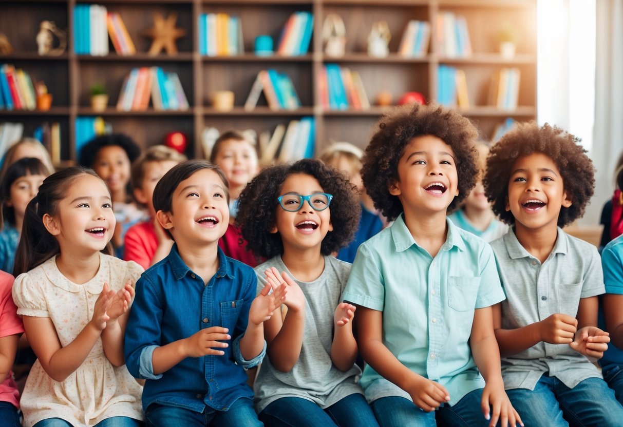 Children watching classic plays and musicals together, acting out scenes with enthusiasm and creativity