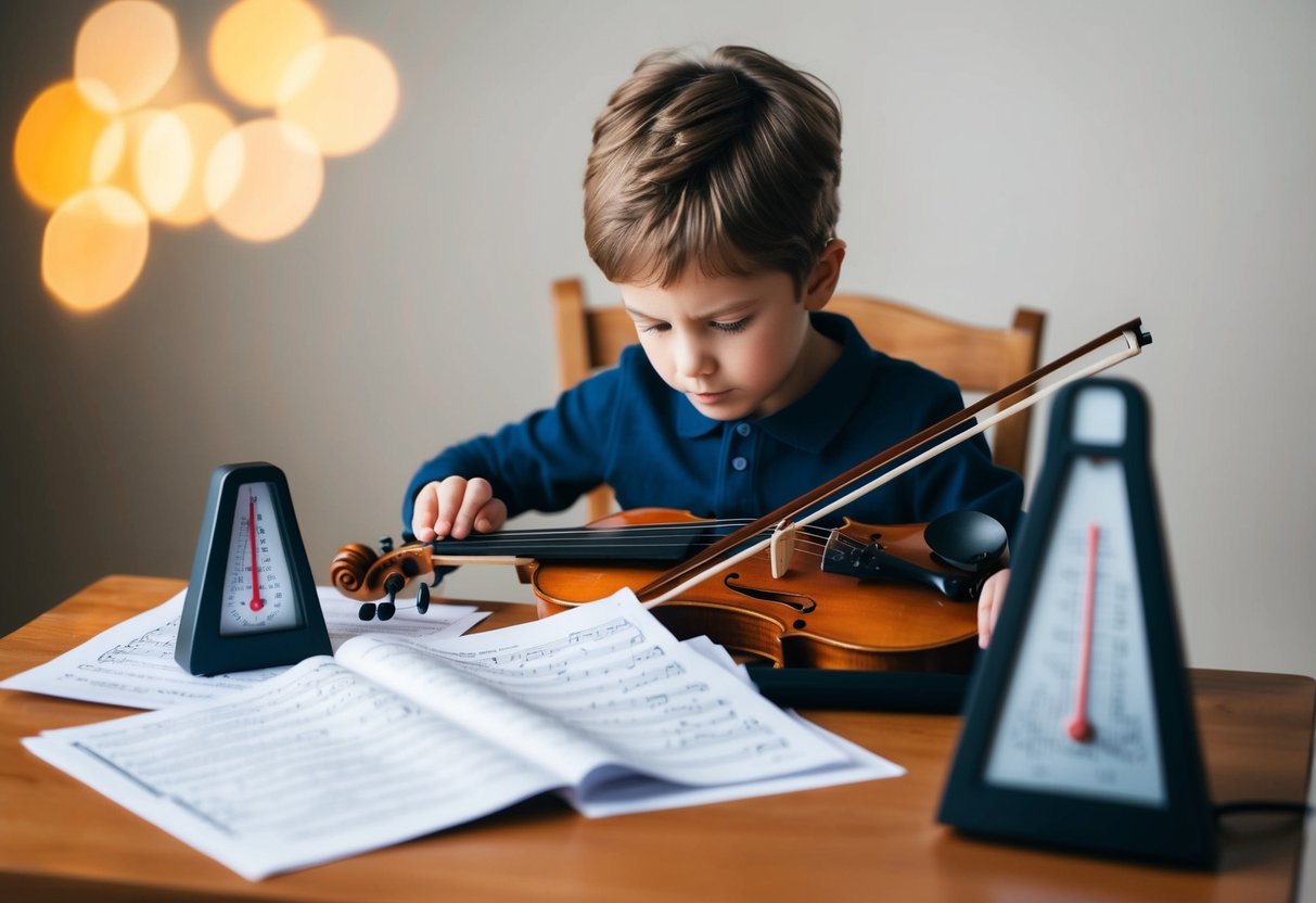 A child sits focused, practicing a musical instrument, surrounded by sheet music and a metronome. Concentration and determination are evident in their posture